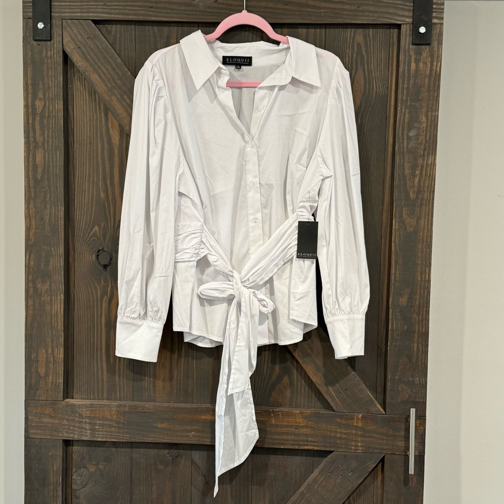 Eloquii Women’s White Tie Front Blouse‎ Ballon Sleeves Size 16 Button Down Shirt